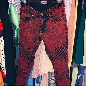 Red Ankle length skinny moto jeans